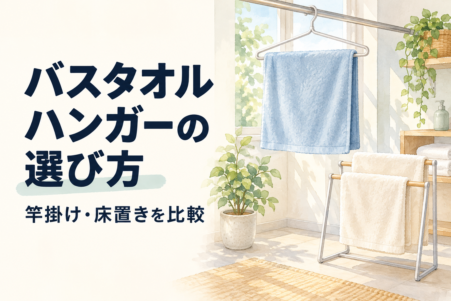 バスタオルハンガーの選び方と竿掛け・床置きを比較する見出し入りAI生成イラスト
