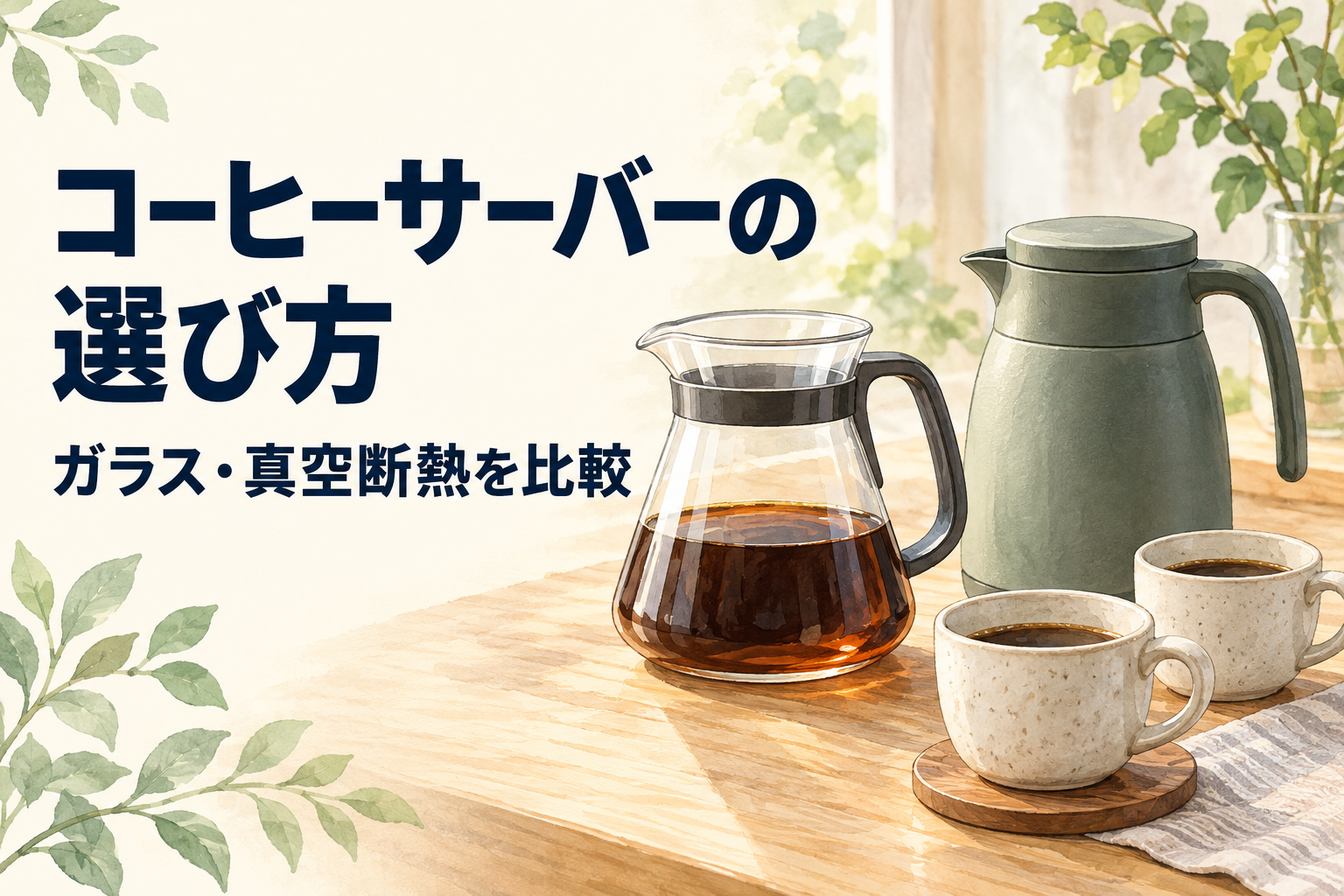 コーヒーサーバーの選び方とガラス・真空断熱を比較する見出し入りAI生成イラスト
