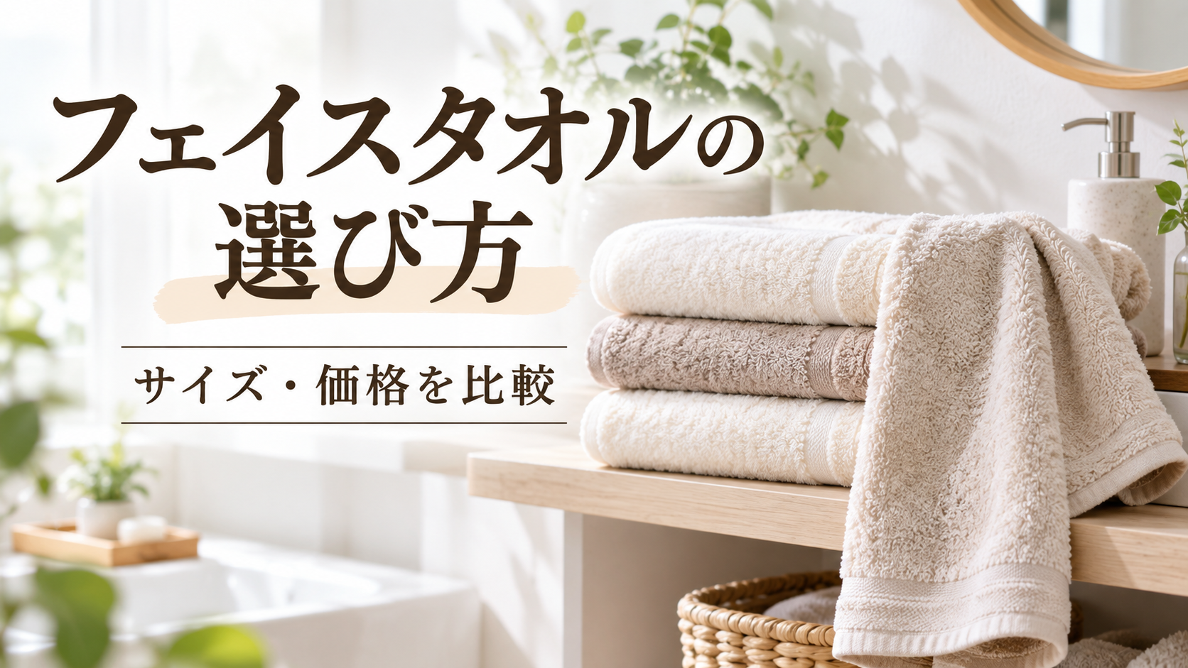 フェイスタオルの選び方。サイズ・価格を比較。明るい洗面所に並べたタオルのイメージ画像。
